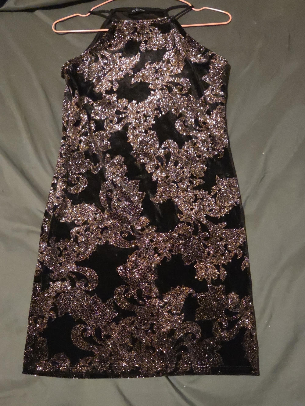Eclipse Black Velvet Mini Dress with Gold Glitter Embellishment